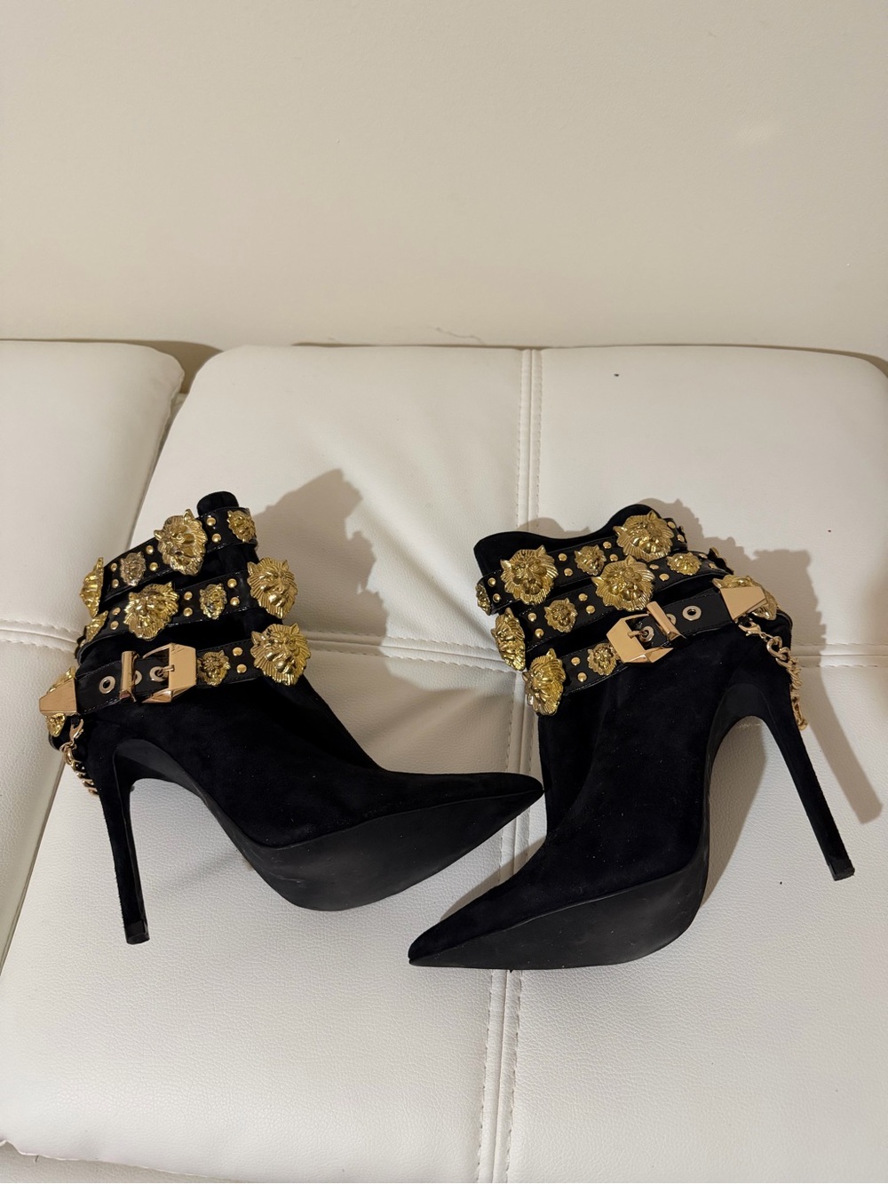 Women's Black Suede High-Heel Ankle Boots with Gold Floral Straps